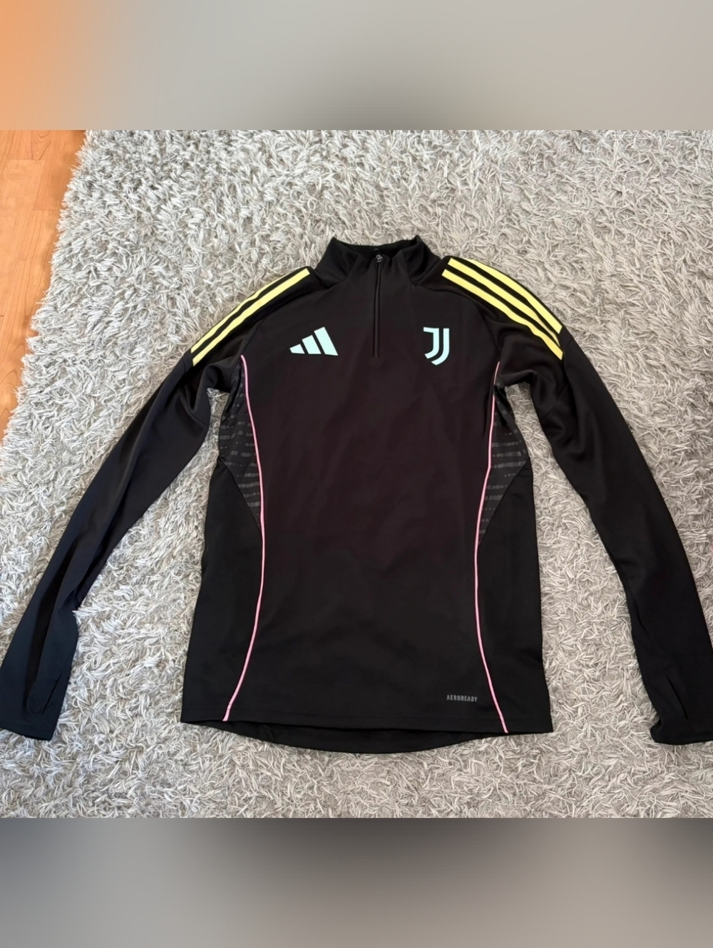 adidas Juventus Black Training Top with Yellow Stripes